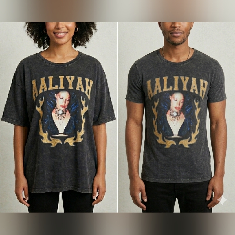 ​Aaliyah R&B Graphic TShirt Charcoal Grey Mineral Wash Size Medium Unisex